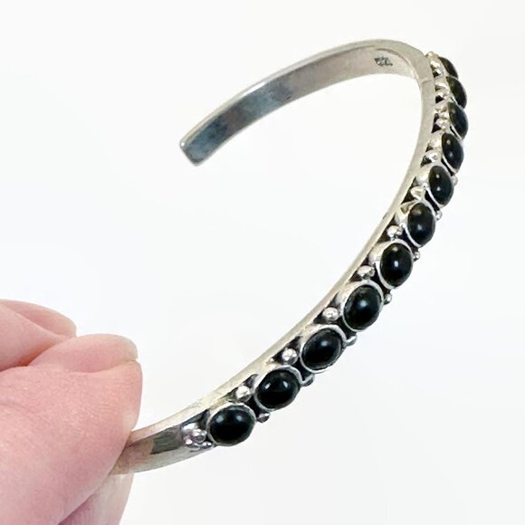 Vintage Black Onyx Cuff Sterling Silver: Boho Bracelet Bohemian Stacking Stone - Picture 5 of 6
